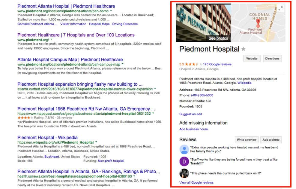 Google Knowledge Graph example Piedmont Hospital