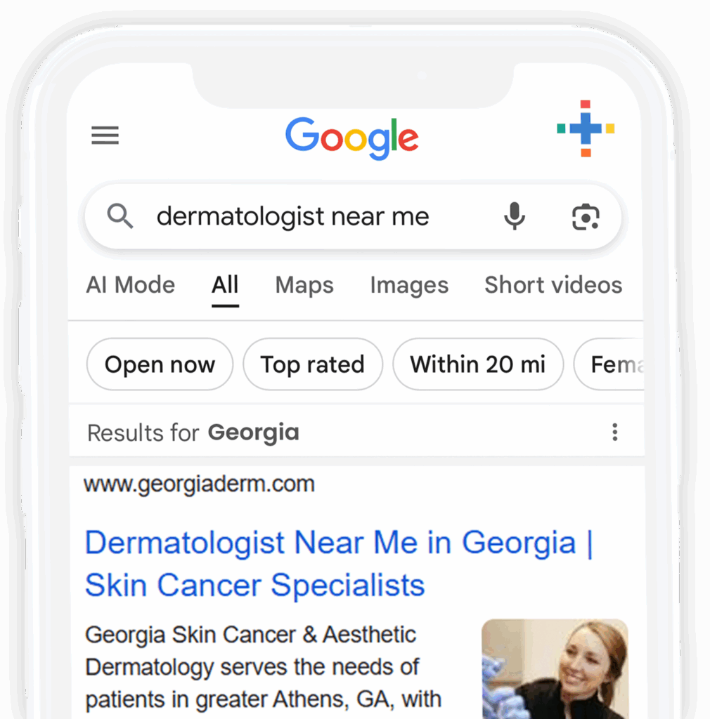 iphone screenshot image of search results for "dermatologist near me" in georgia, SEO optimized website and landing pages